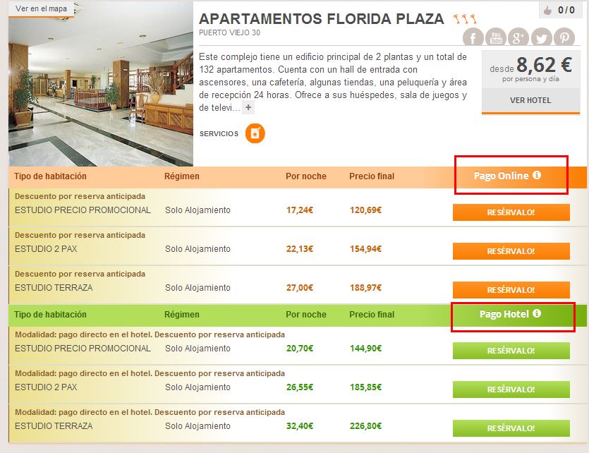 Pago directo al hotel, pago online